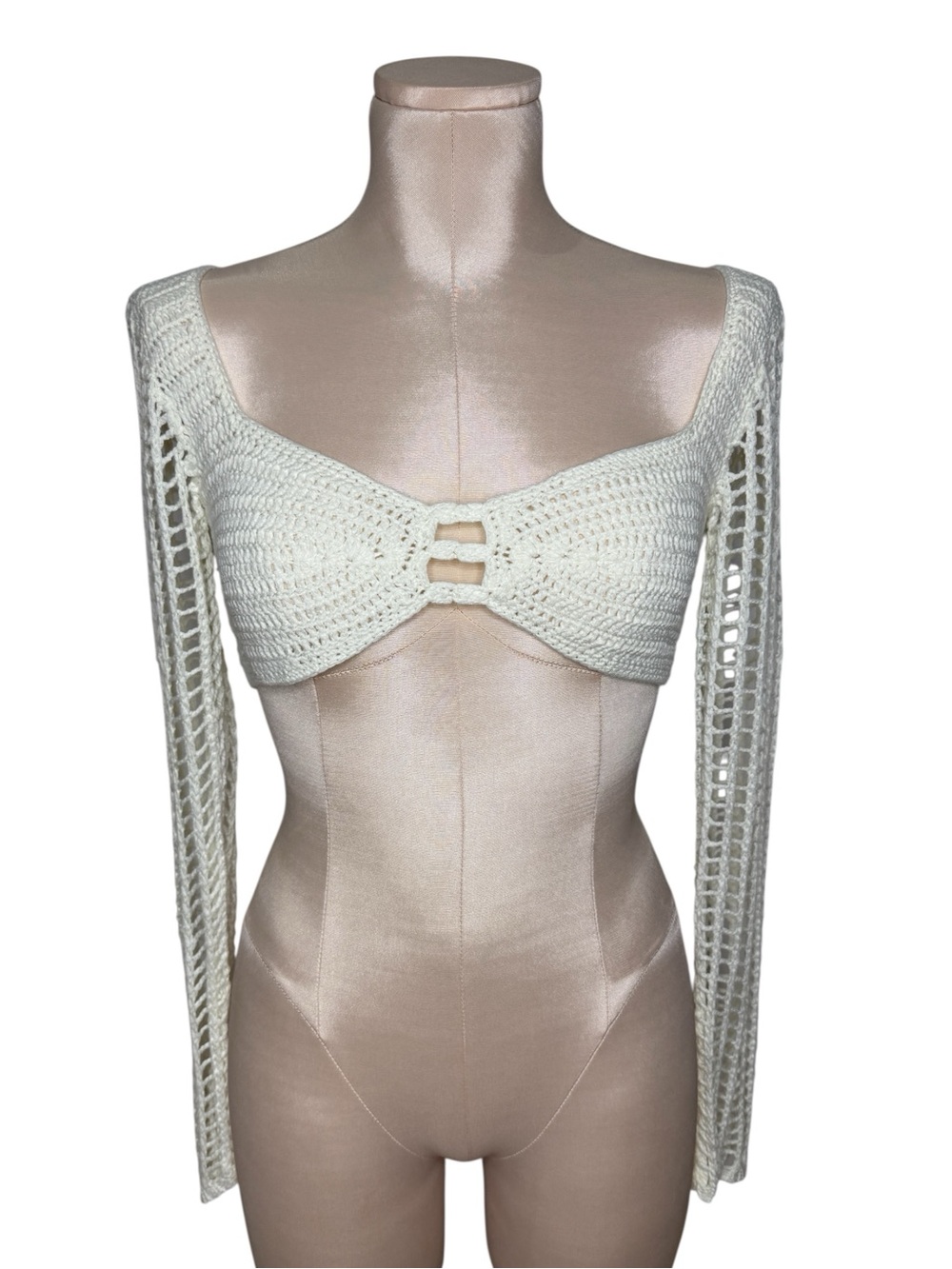 Crochet Long-Sleeve Crop Top in Ivory